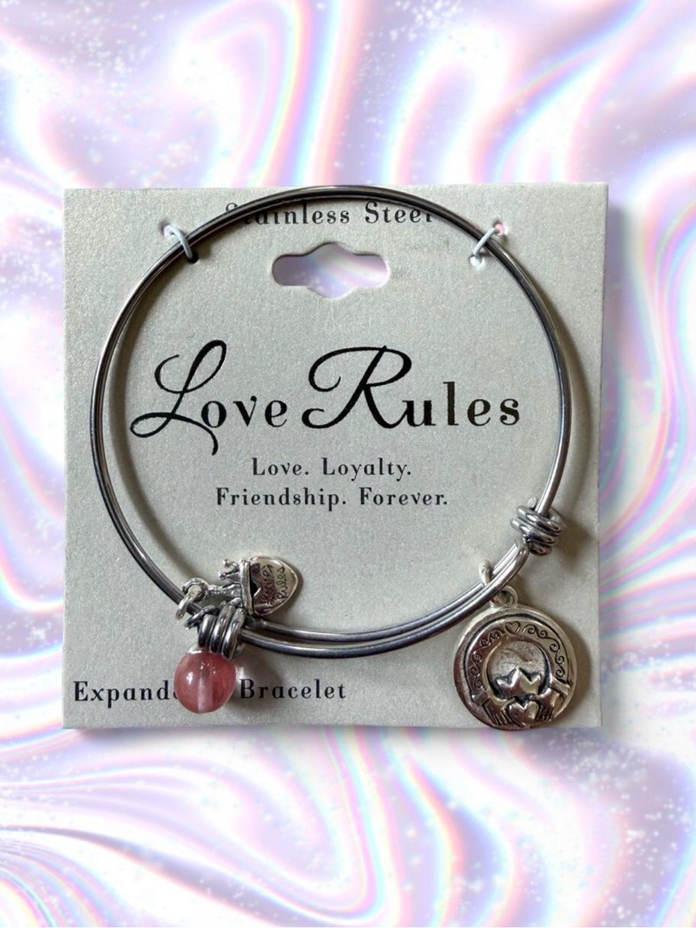 Love Rules 💜 Silver Stainless Steel Expandable Bracelet with Pink Charm